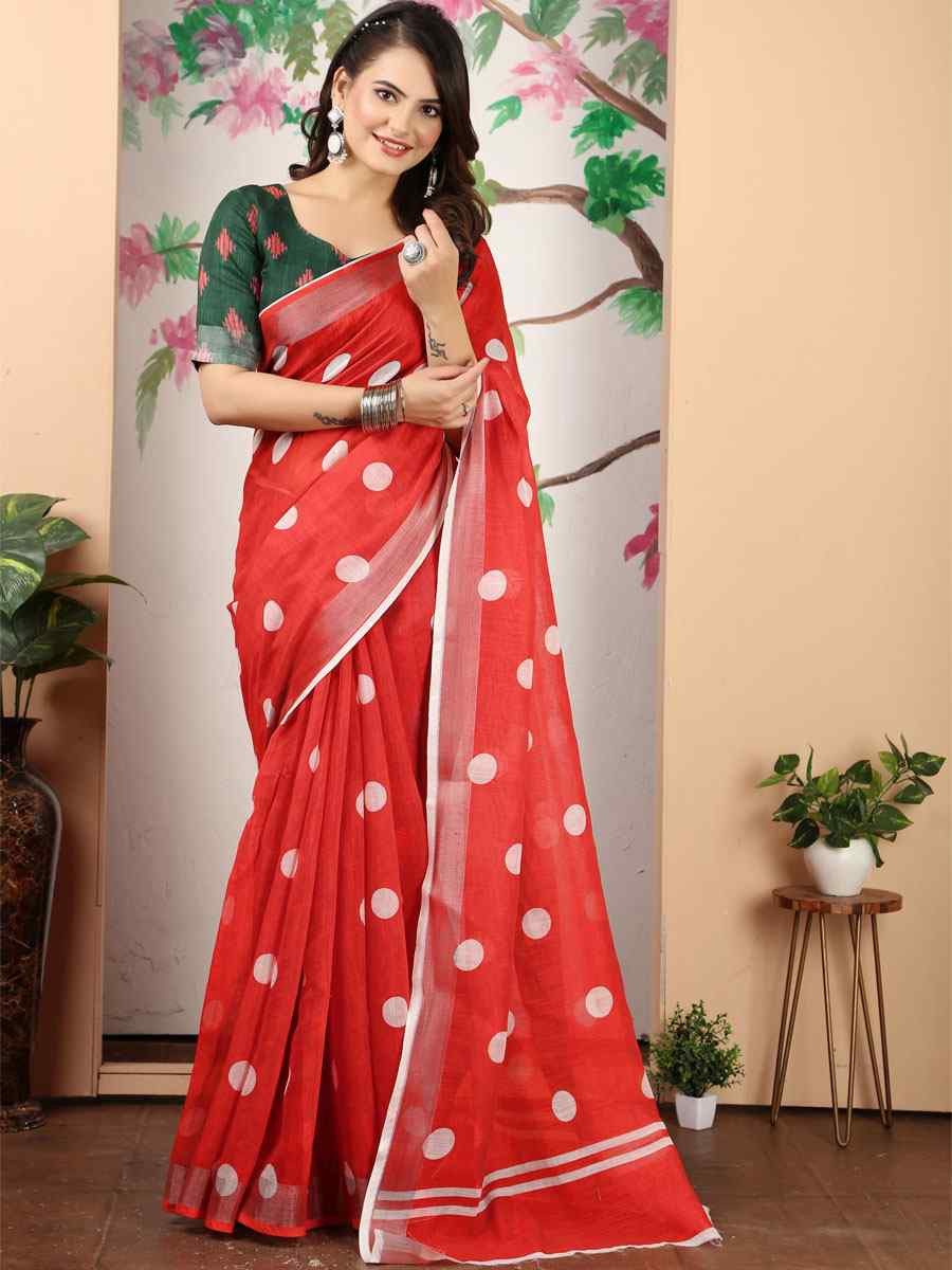 Red Linen Cotton Printed Casual Festival Wedding Fancy Classic Style Sarees