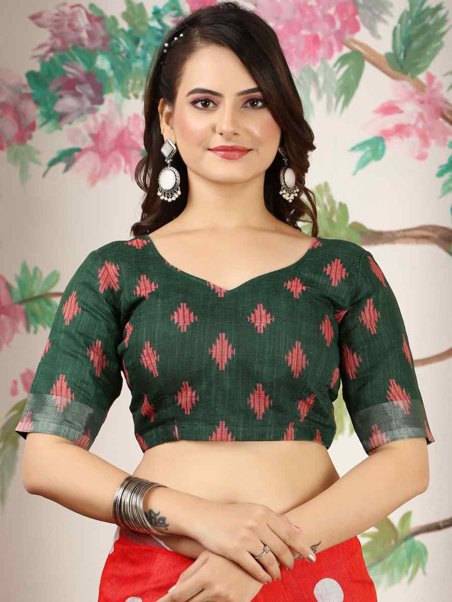 Red Linen Cotton Printed Casual Festival Wedding Fancy Classic Style Sarees