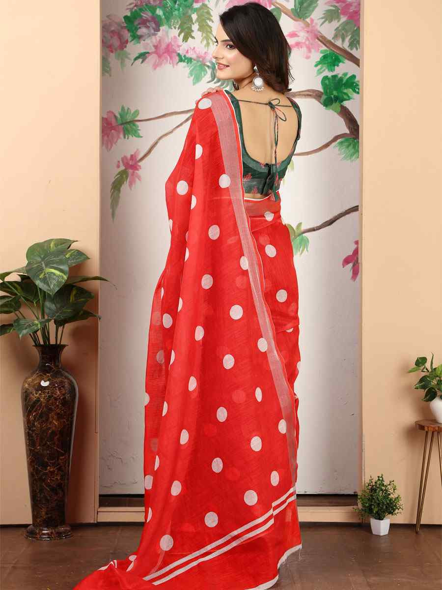 Red Linen Cotton Printed Casual Festival Wedding Fancy Classic Style Sarees
