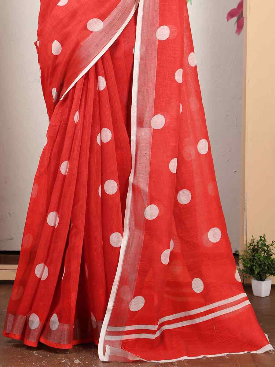 Red Linen Cotton Printed Casual Festival Wedding Fancy Classic Style Sarees
