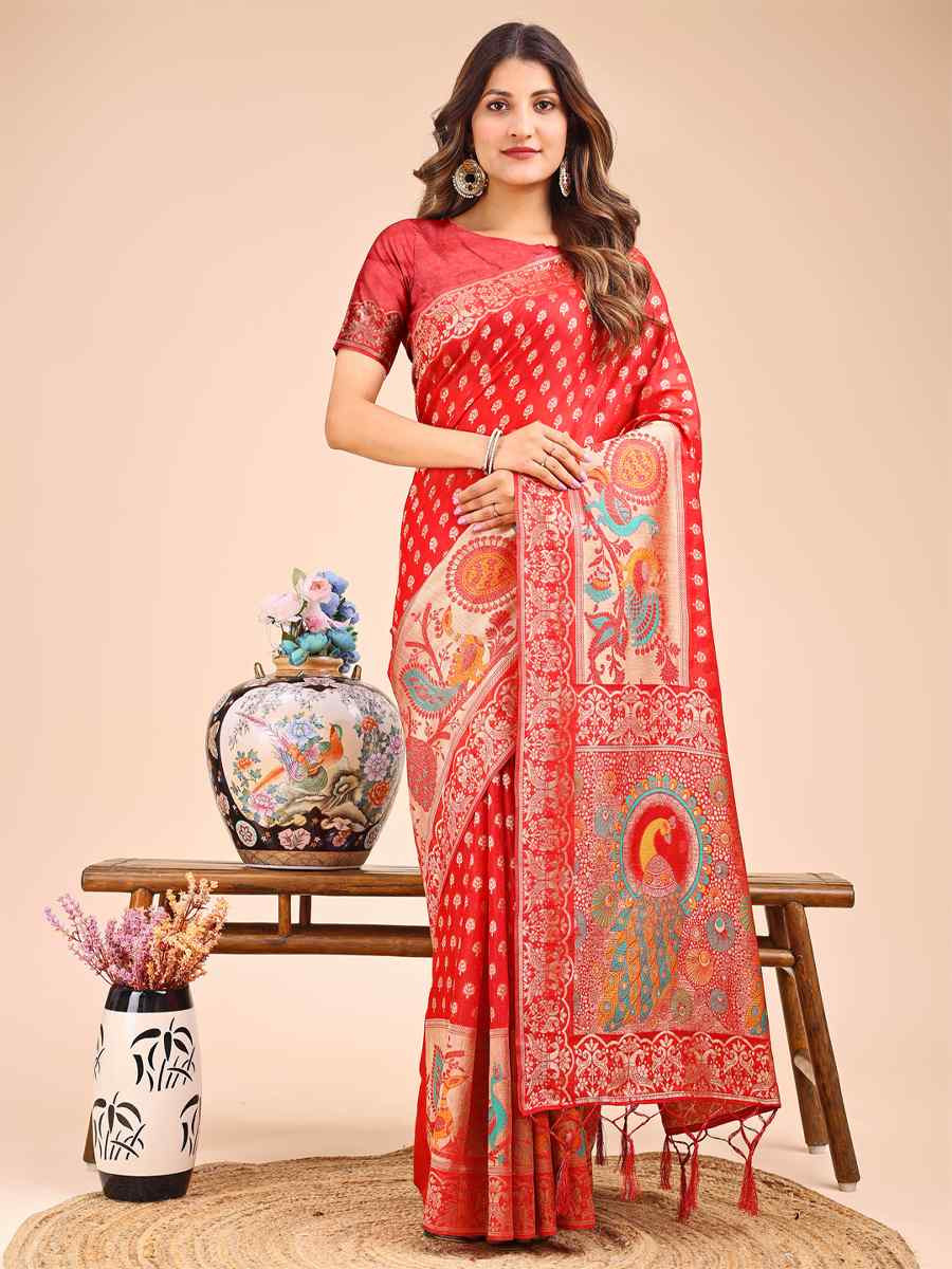 Red Linen Cotton Printed Festival Wedding Fancy Heavy Border Saree