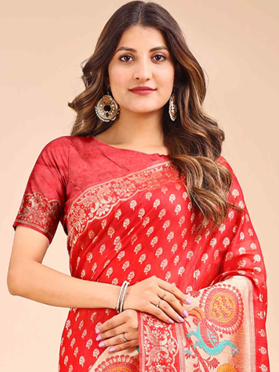 Red Linen Cotton Printed Festival Wedding Fancy Heavy Border Saree