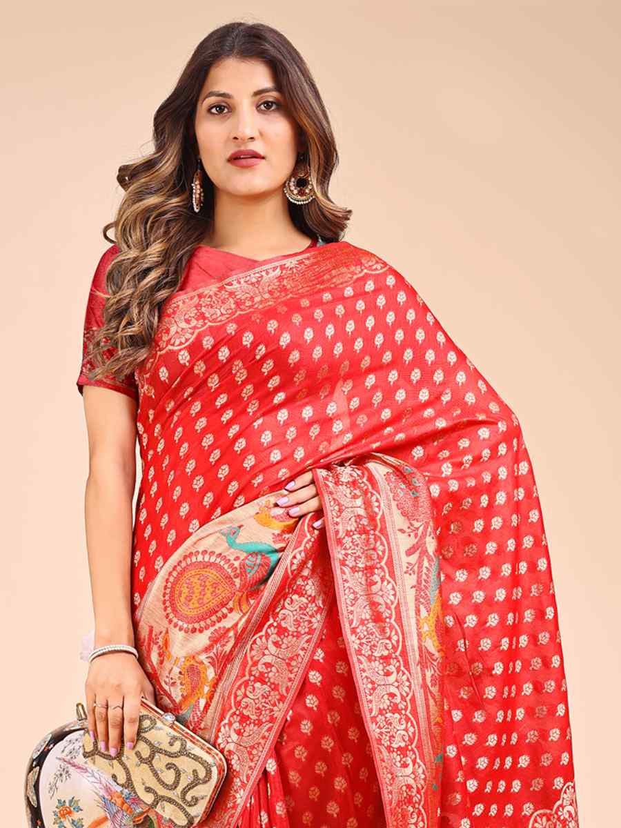 Red Linen Cotton Printed Festival Wedding Fancy Heavy Border Saree