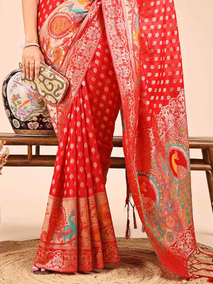 Red Linen Cotton Printed Festival Wedding Fancy Heavy Border Saree