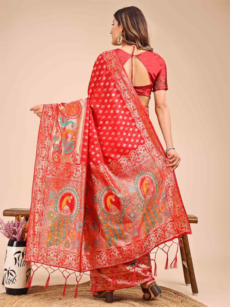 Red Linen Cotton Printed Festival Wedding Fancy Heavy Border Saree