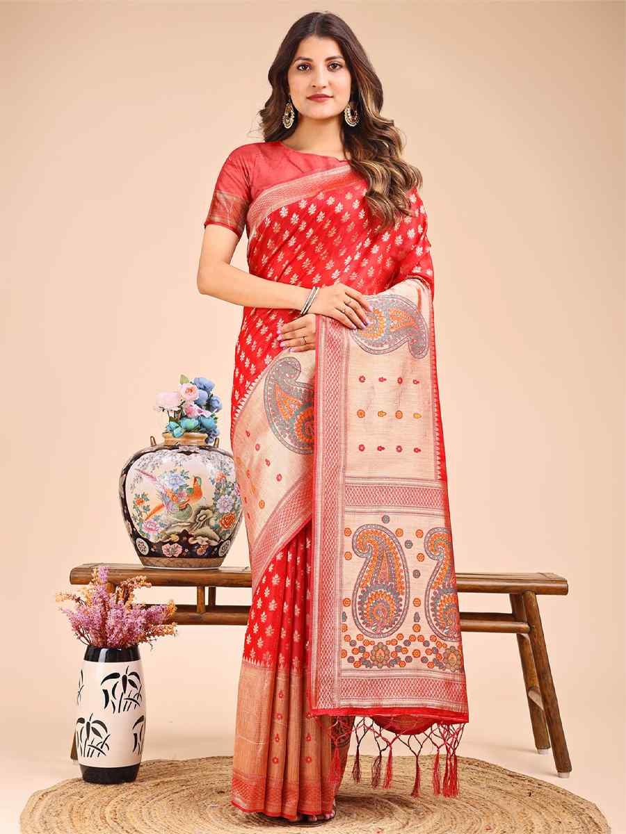 Red Linen Cotton Printed Festival Wedding Fancy Heavy Border Saree
