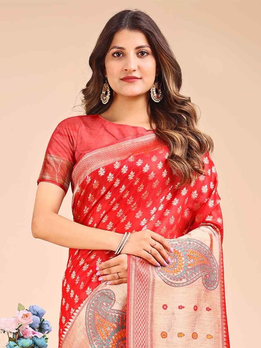 Red Linen Cotton Printed Festival Wedding Fancy Heavy Border Saree