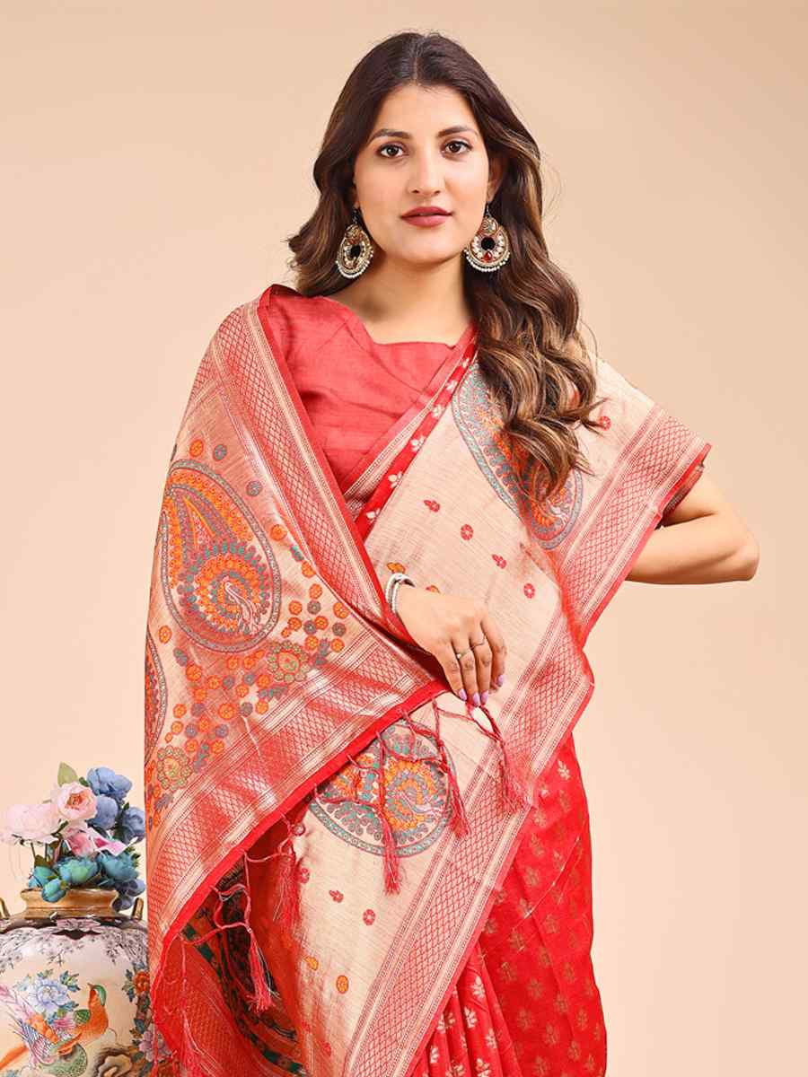 Red Linen Cotton Printed Festival Wedding Fancy Heavy Border Saree
