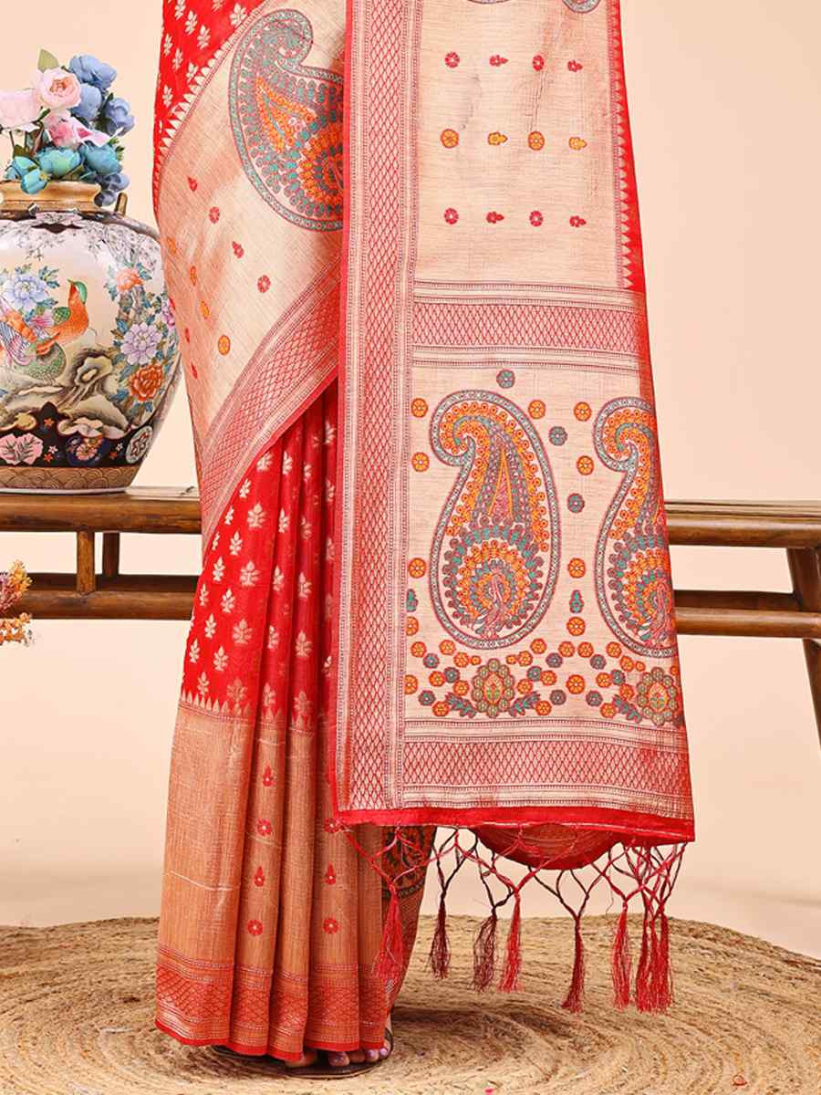 Red Linen Cotton Printed Festival Wedding Fancy Heavy Border Saree