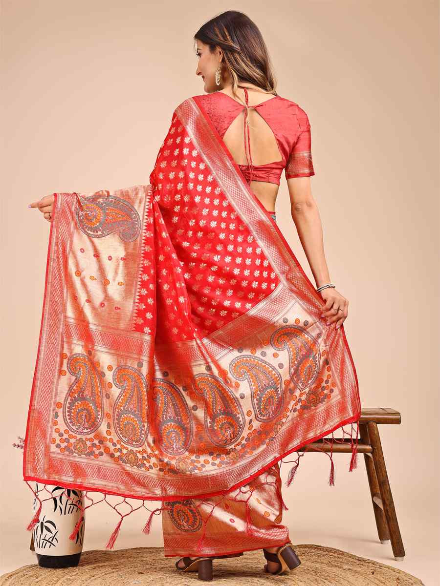 Red Linen Cotton Printed Festival Wedding Fancy Heavy Border Saree