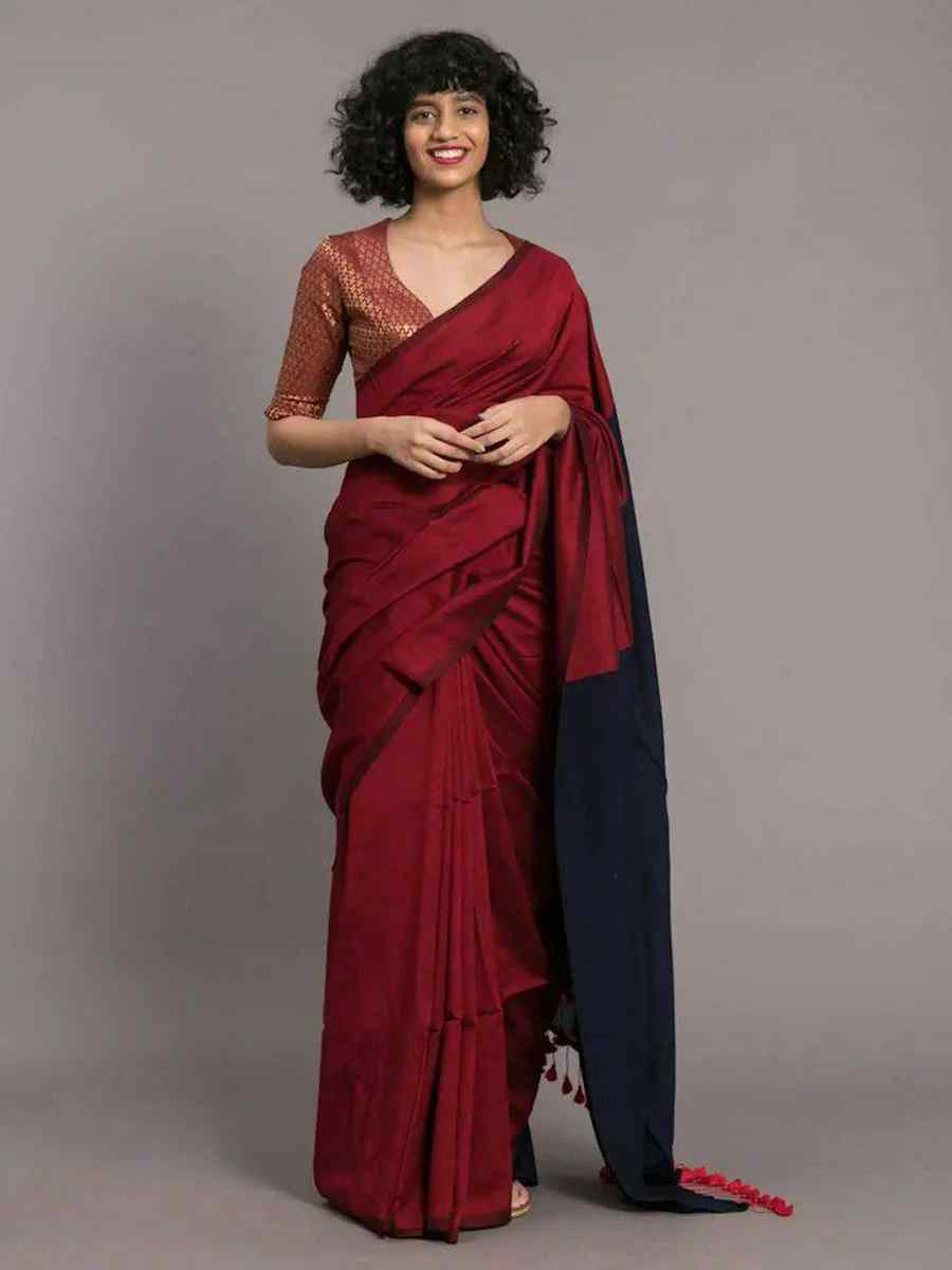 Red Mal Cotton Plain Casual Party Festival Wedding Fancy Classic Style Sarees
