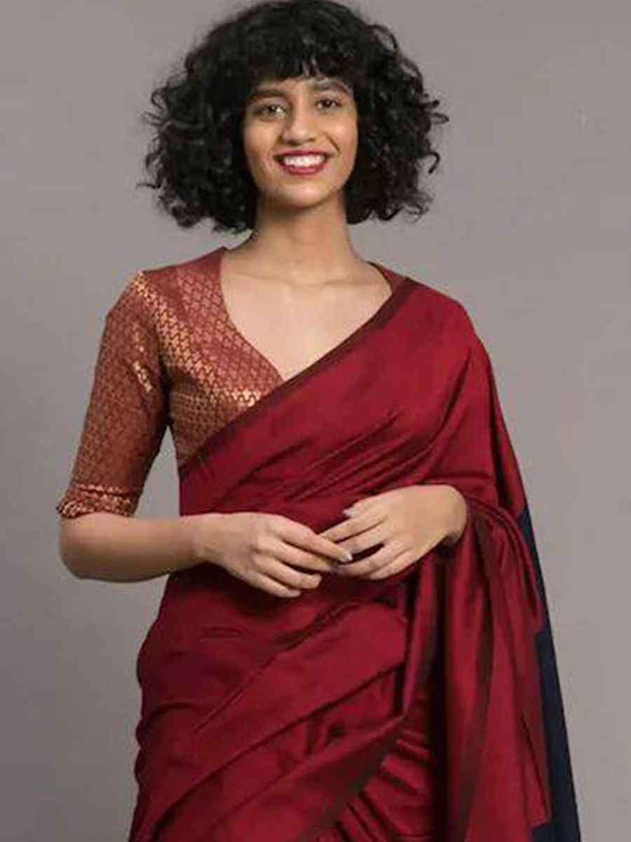 Red Mal Cotton Plain Casual Party Festival Wedding Fancy Classic Style Sarees