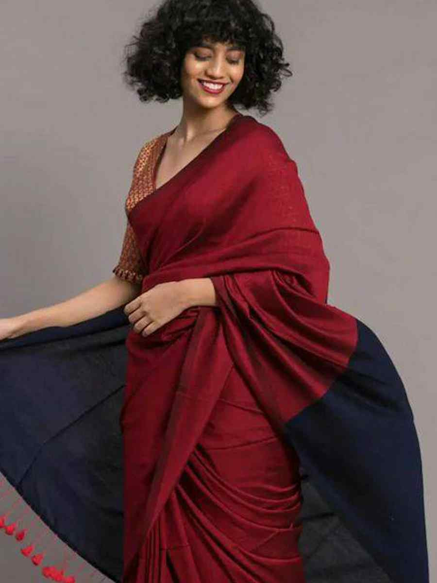 Red Mal Cotton Plain Casual Party Festival Wedding Fancy Classic Style Sarees