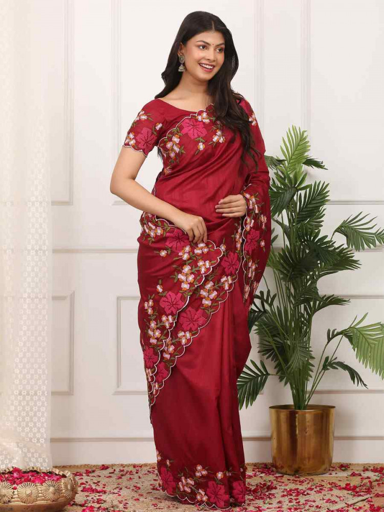 Image of Red Manipuri Silk Embroidery Casual Reception Festival Wedding Fancy Heavy Border Sarees