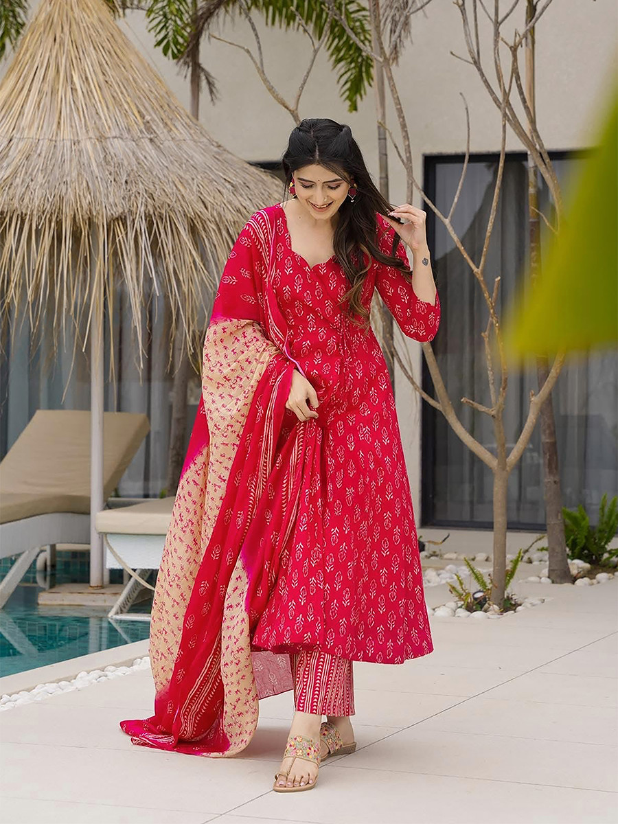 Red Maslin Printed Floral Wedding Party Festival Ready Anarkali Pant Salwar Kameez