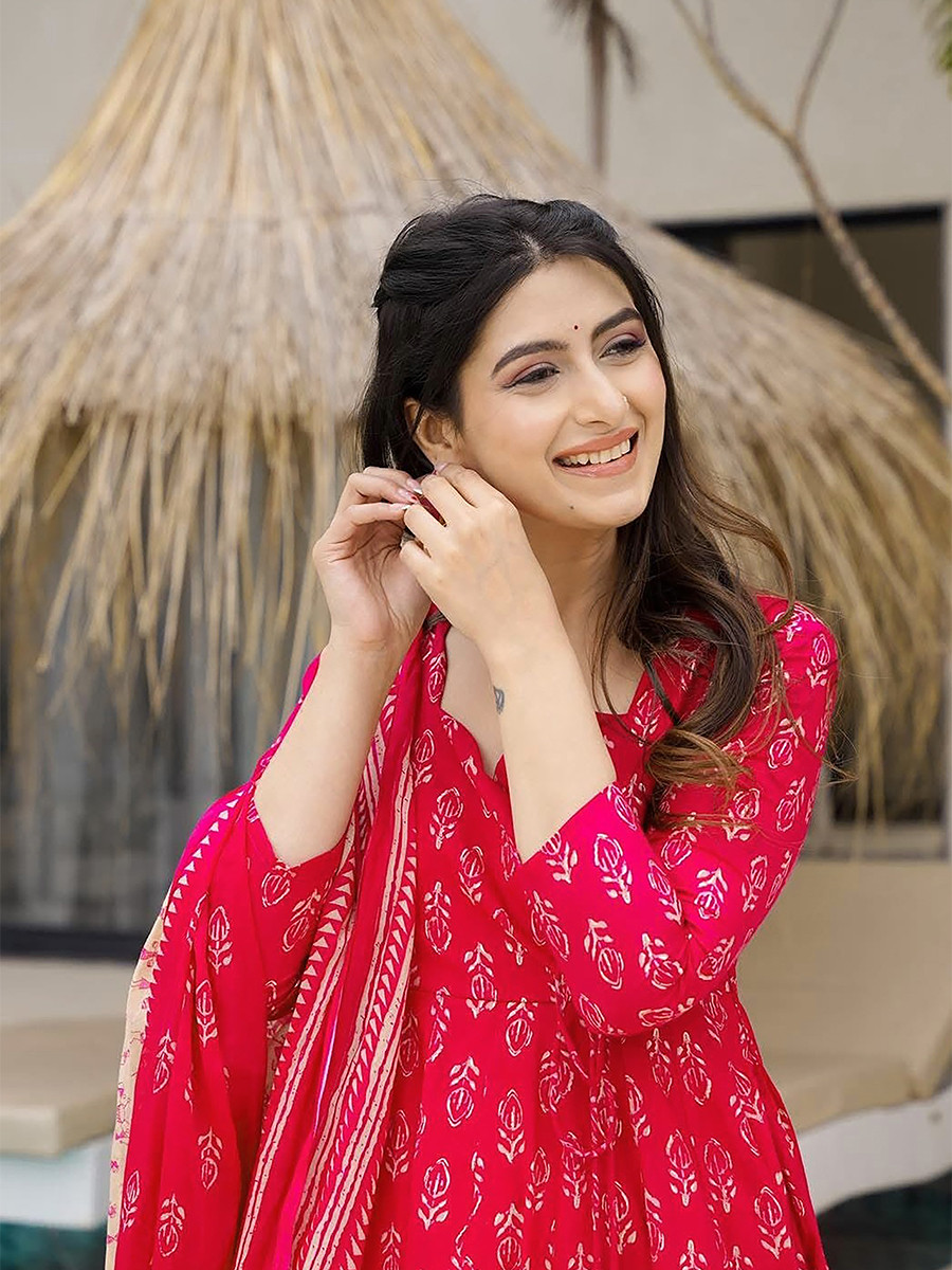 Red Maslin Printed Floral Wedding Party Festival Ready Anarkali Pant Salwar Kameez