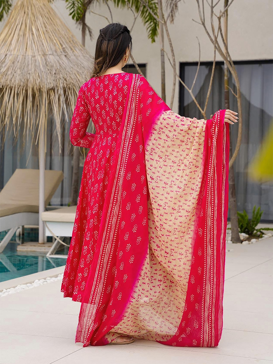 Red Maslin Printed Floral Wedding Party Festival Ready Anarkali Pant Salwar Kameez