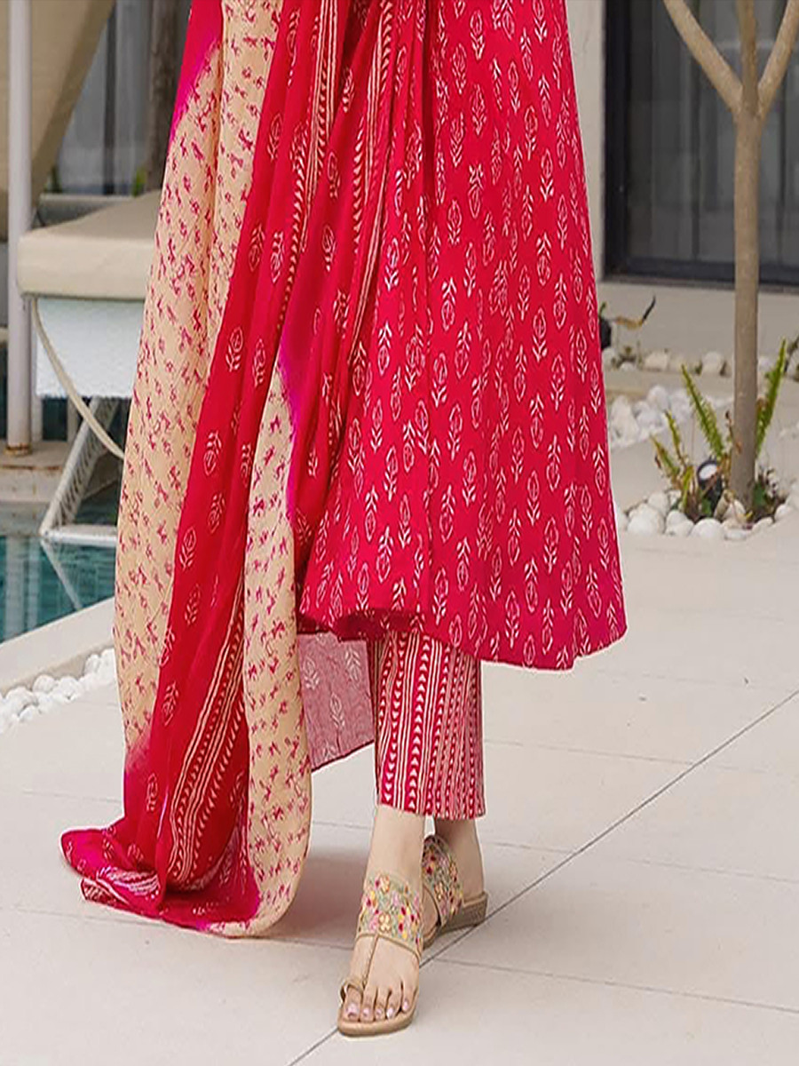 Red Maslin Printed Floral Wedding Party Festival Ready Anarkali Pant Salwar Kameez