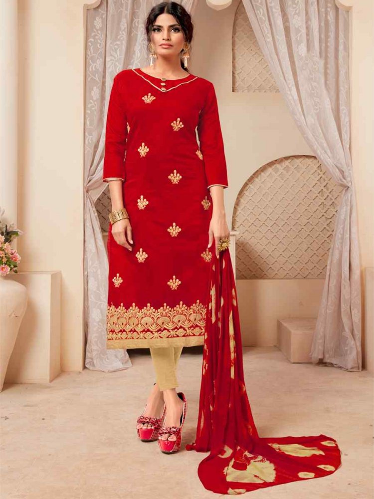 Red Modal Silk Embroidered Casual Festival Pant Salwar Kameez
