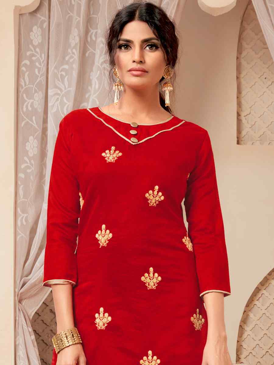 Red Modal Silk Embroidered Casual Festival Pant Salwar Kameez