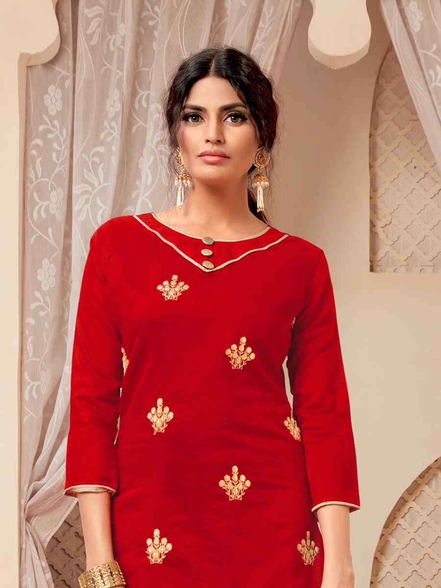 Red Modal Silk Printed Casual Festival Churidar Salwar Kameez
