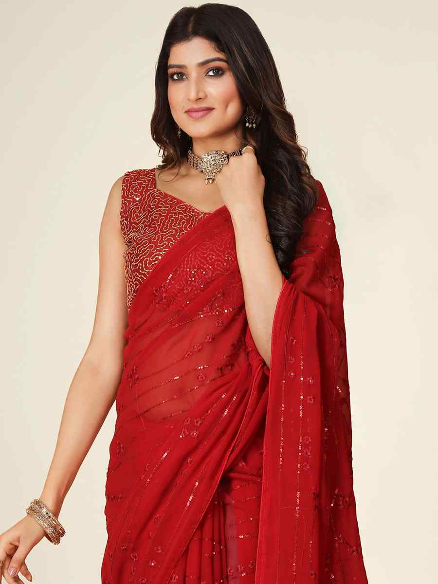 Red Mono Banglory Silk Embroidered Reception Party Classic Style Saree