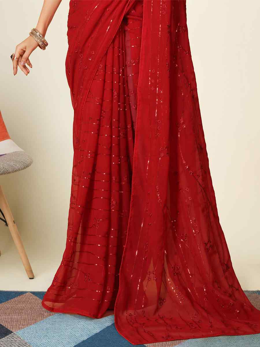 Red Mono Banglory Silk Embroidered Reception Party Classic Style Saree
