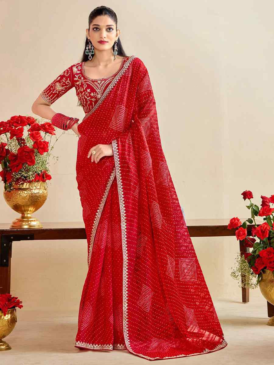 Red Moss Chiffon Embroidery Party Bridal Reception Festival Wedding Fancy Heavy Border Saree