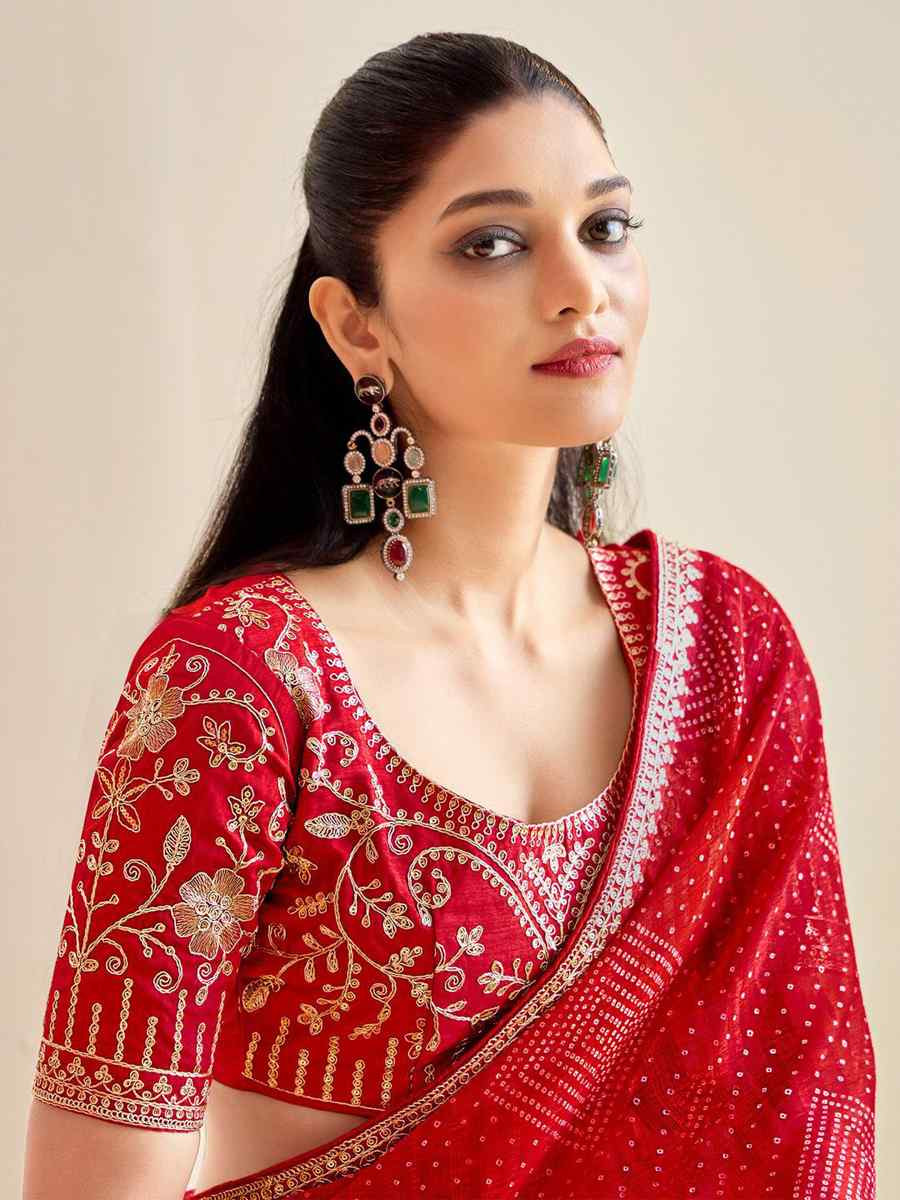 Red Moss Chiffon Embroidery Party Bridal Reception Festival Wedding Fancy Heavy Border Saree