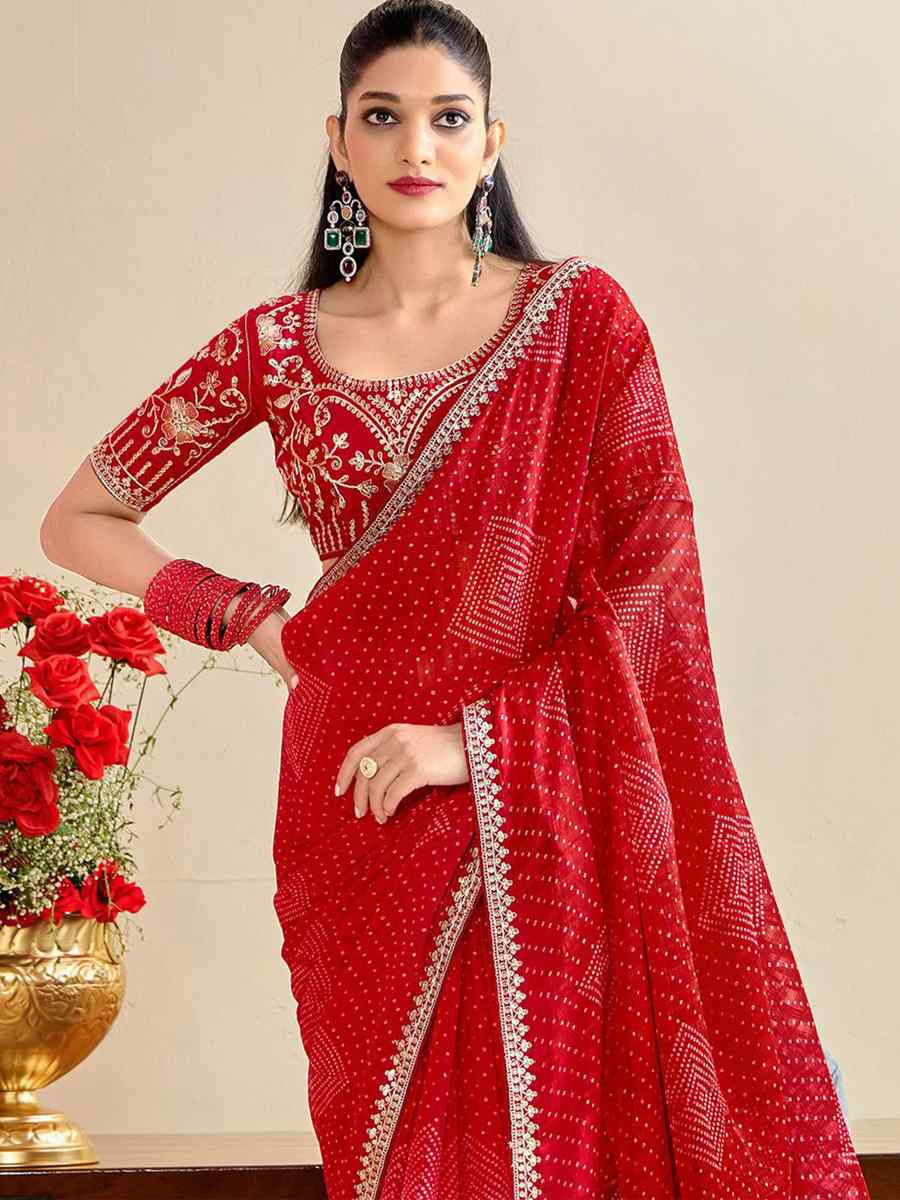 Red Moss Chiffon Embroidery Party Bridal Reception Festival Wedding Fancy Heavy Border Saree