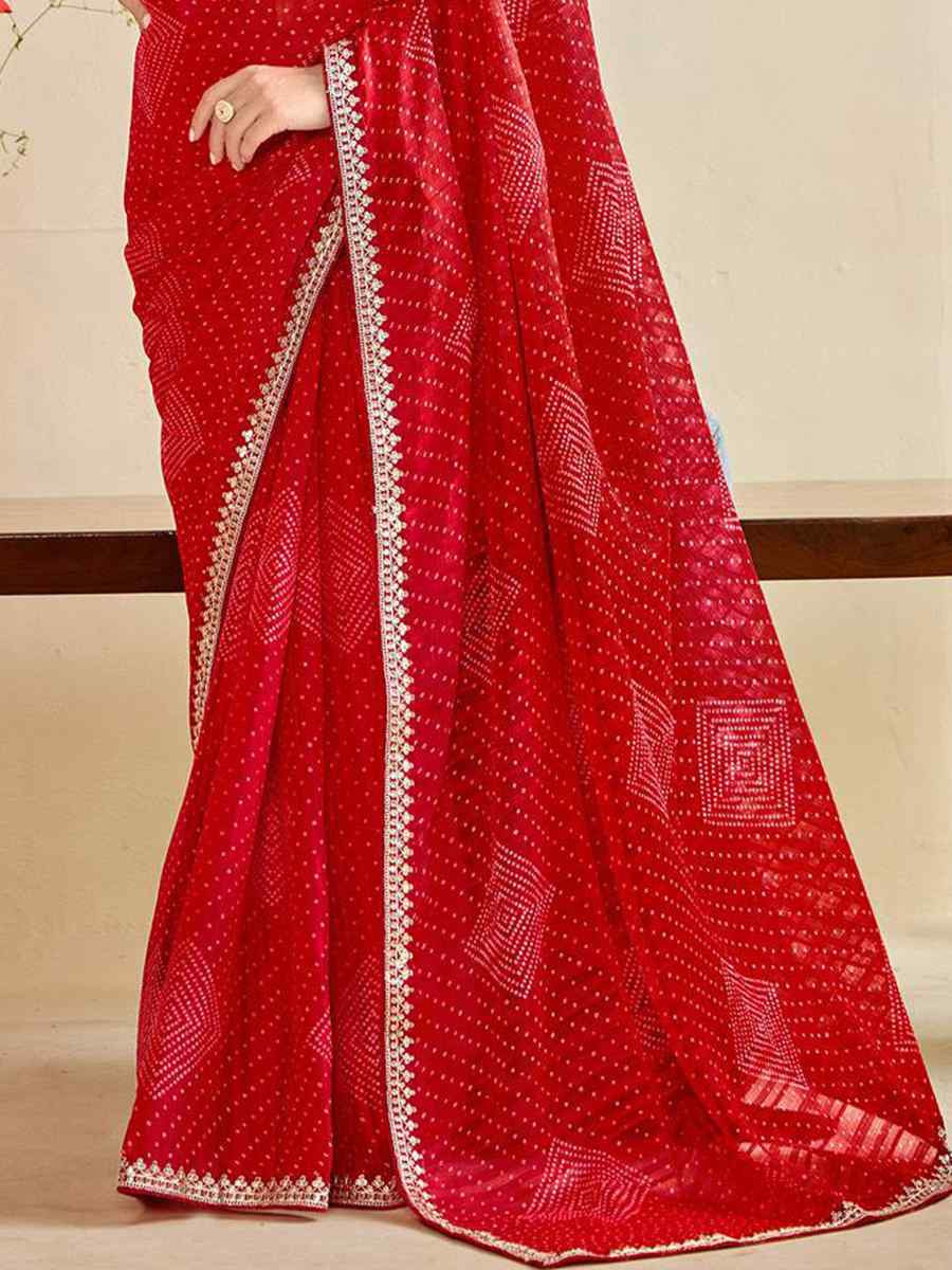 Red Moss Chiffon Embroidery Party Bridal Reception Festival Wedding Fancy Heavy Border Saree