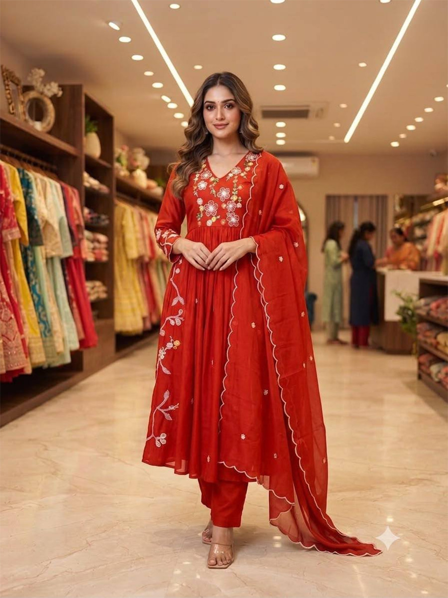 Red Mul Chanderi Silk Embroidery Sequins Wedding Party Festival Casual Ready Anarkali Pant Salwar Kameez