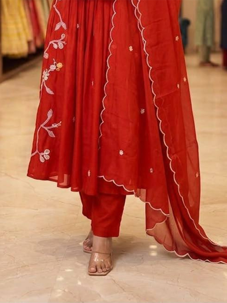 Red Mul Chanderi Silk Embroidery Sequins Wedding Party Festival Casual Ready Anarkali Pant Salwar Kameez