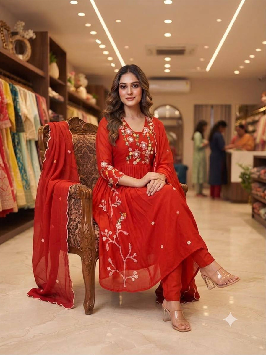 Red Mul Chanderi Silk Embroidery Sequins Wedding Party Festival Casual Ready Anarkali Pant Salwar Kameez