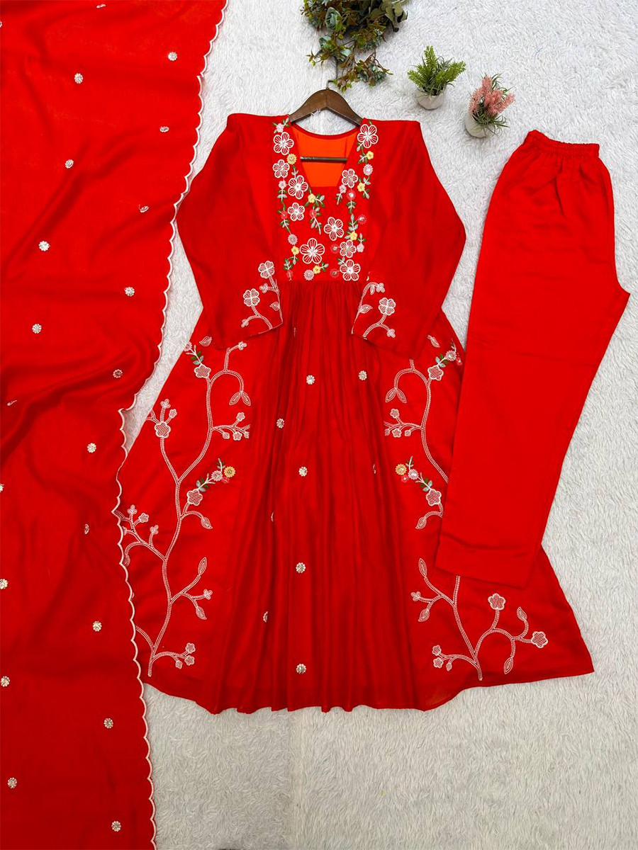 Red Mul Chanderi Silk Embroidery Sequins Wedding Party Festival Casual Ready Anarkali Pant Salwar Kameez