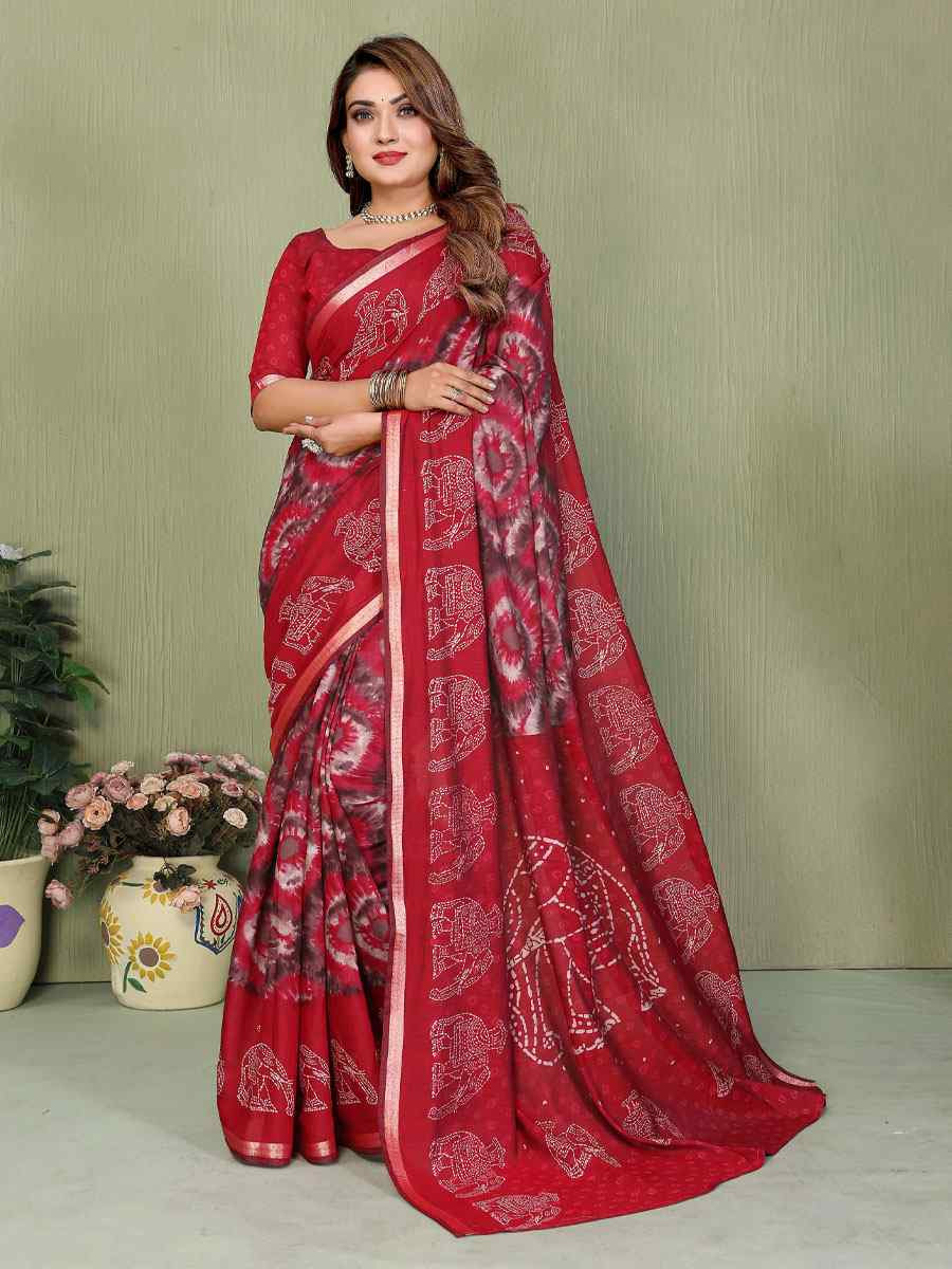 Red Mul Cotton Printed Casual Reception Festival Wedding Fancy Classic Style Sarees