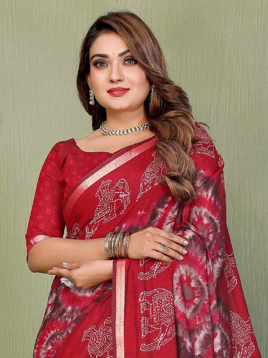 Red Mul Cotton Printed Casual Reception Festival Wedding Fancy Classic Style Sarees