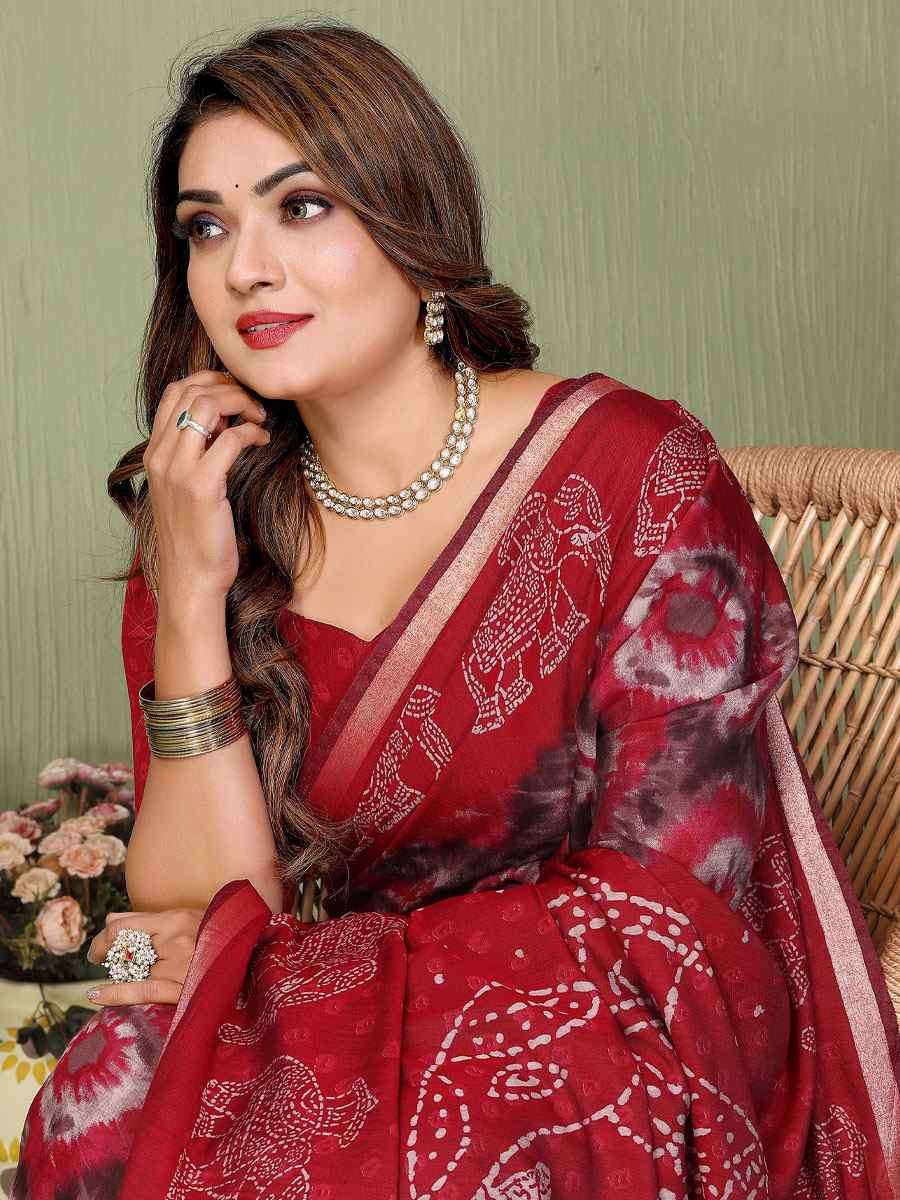 Red Mul Cotton Printed Casual Reception Festival Wedding Fancy Classic Style Sarees