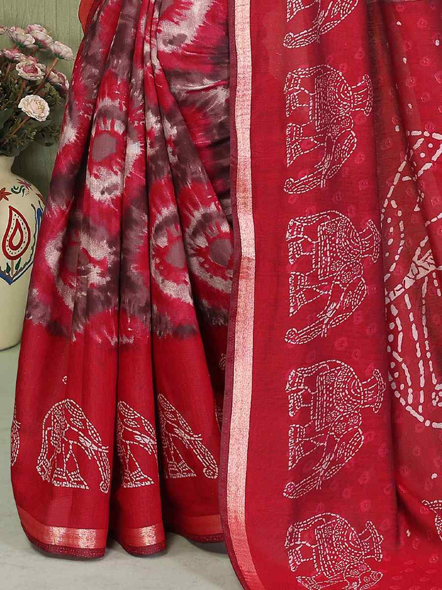 Red Mul Cotton Printed Casual Reception Festival Wedding Fancy Classic Style Sarees