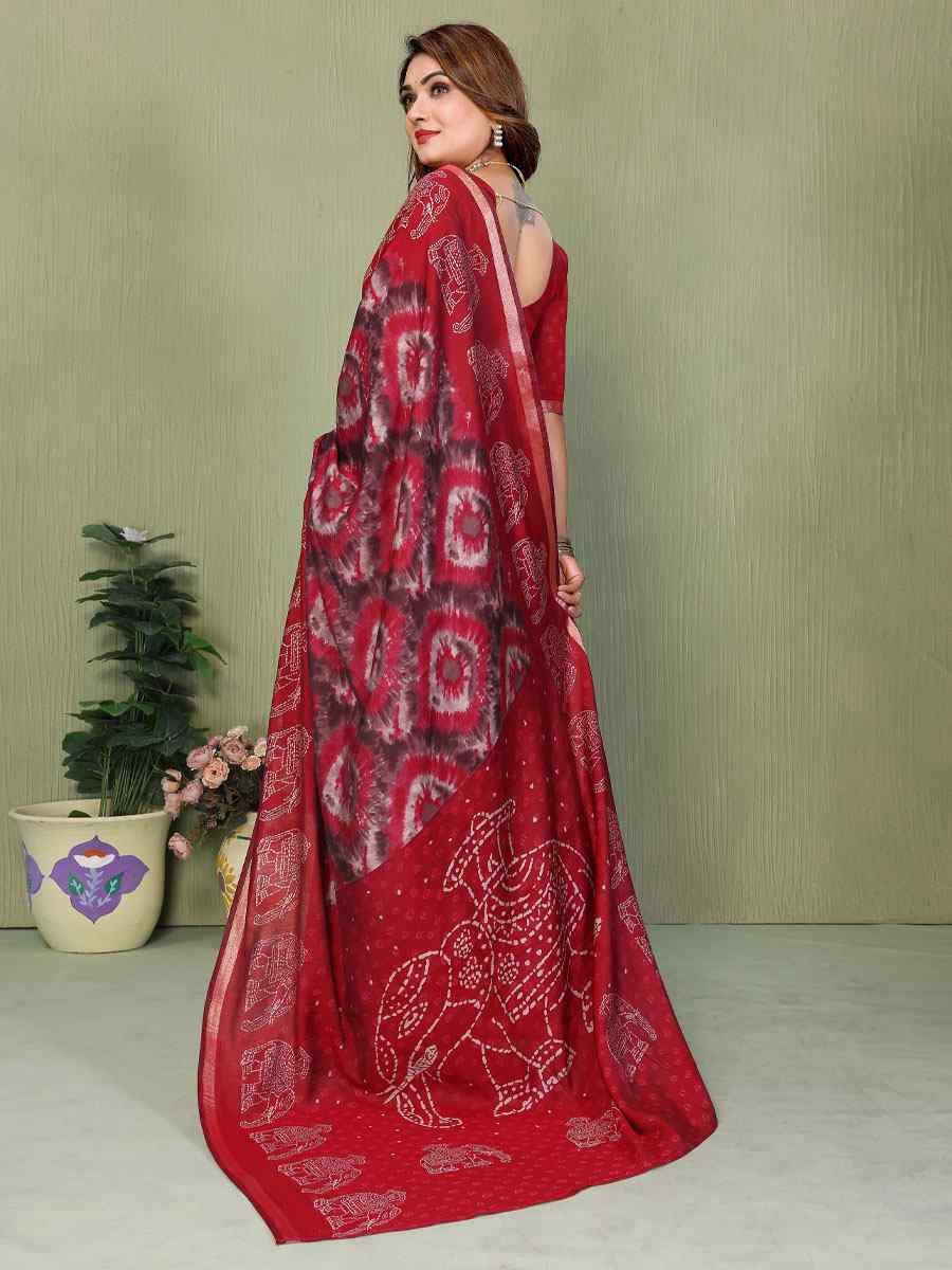Red Mul Cotton Printed Casual Reception Festival Wedding Fancy Classic Style Sarees