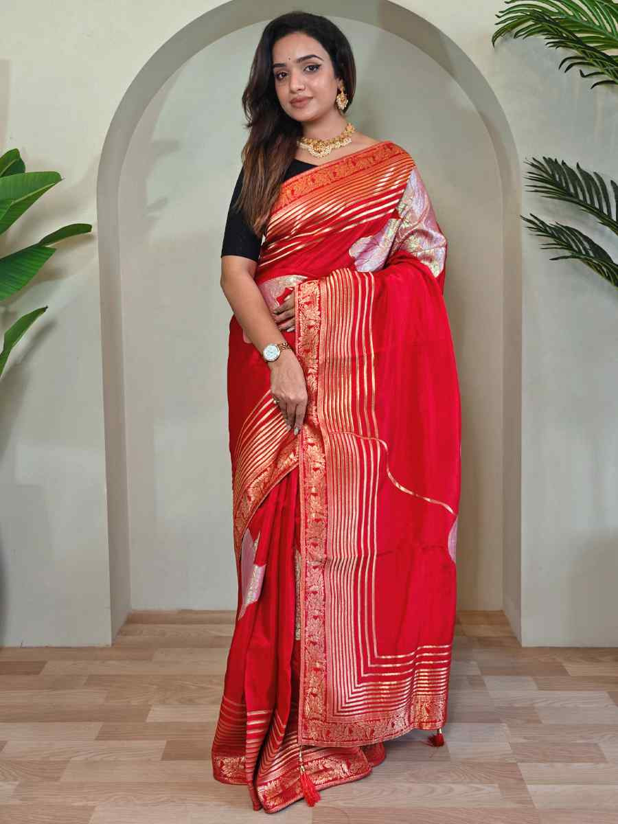 Red Munga Silk Handwoven Festival Wedding Fancy Heavy Border Saree