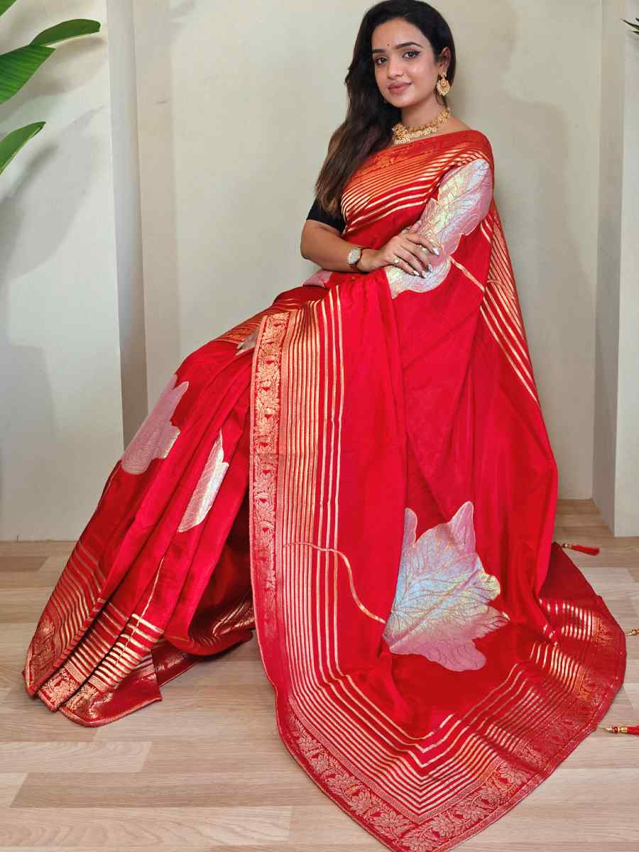 Red Munga Silk Handwoven Festival Wedding Fancy Heavy Border Saree