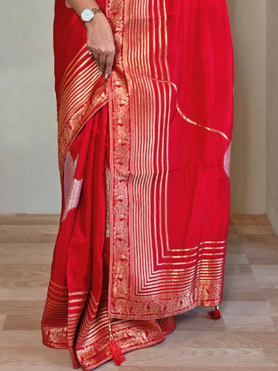 Red Munga Silk Handwoven Festival Wedding Fancy Heavy Border Saree