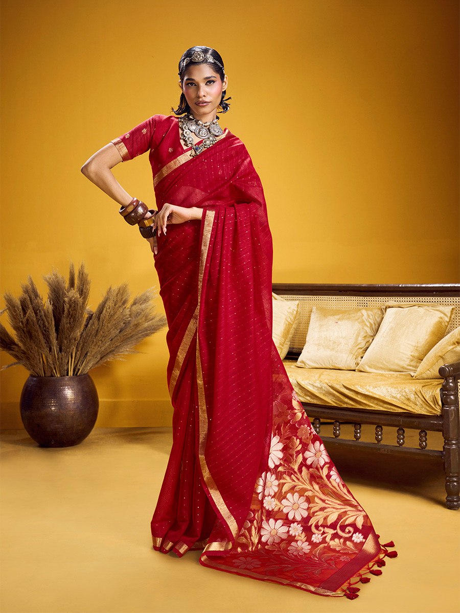 Red Munga Silk Printed Zari Festival Wedding Party Fancy Reception Heavy Border Saree
