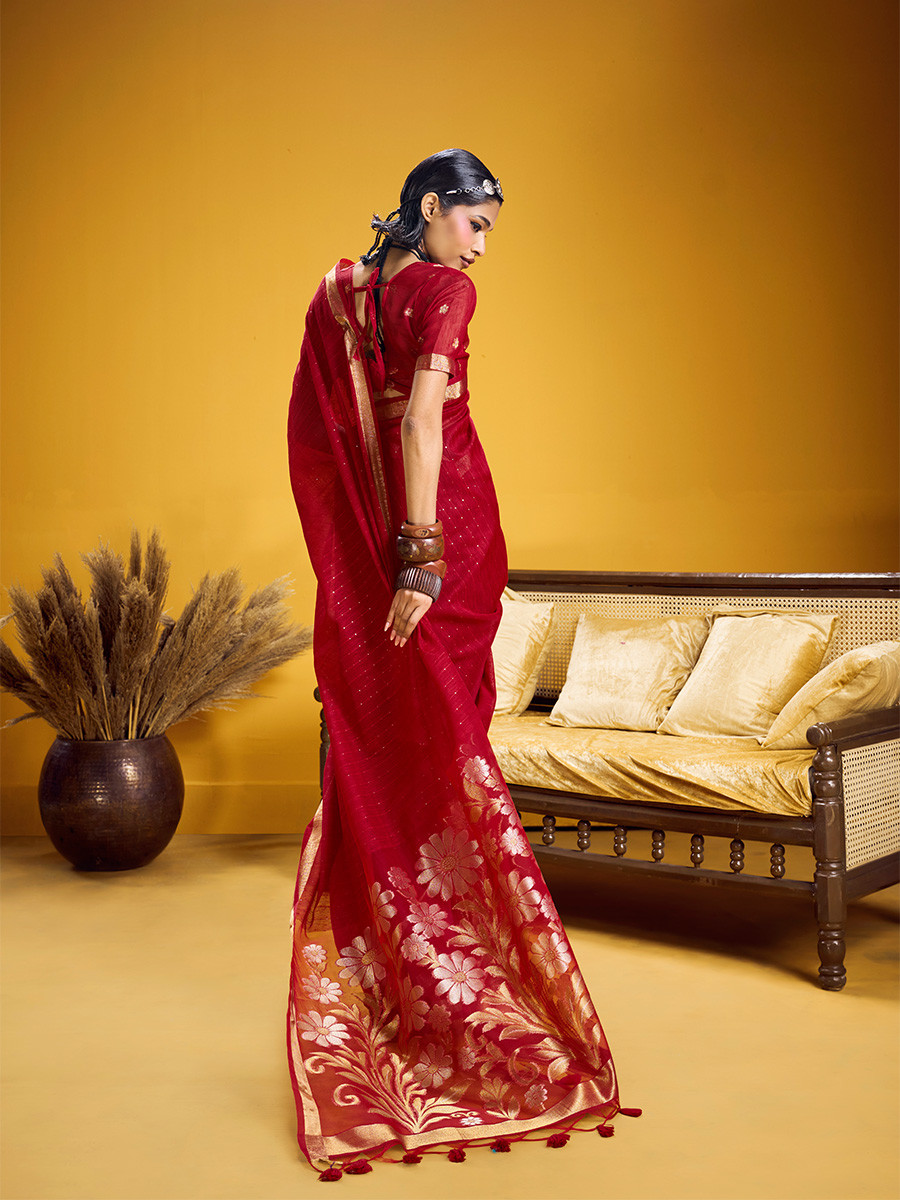 Red Munga Silk Printed Zari Festival Wedding Party Fancy Reception Heavy Border Saree
