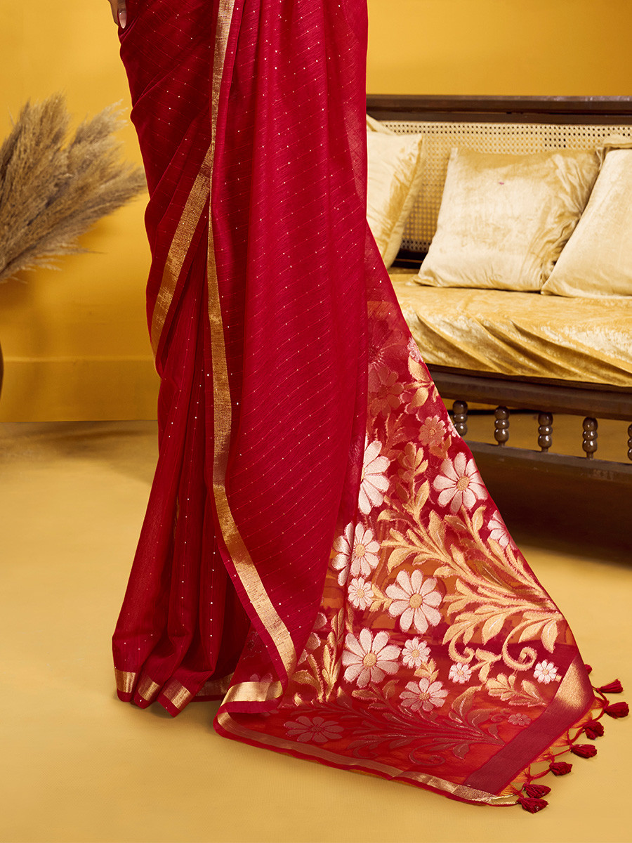 Red Munga Silk Printed Zari Festival Wedding Party Fancy Reception Heavy Border Saree