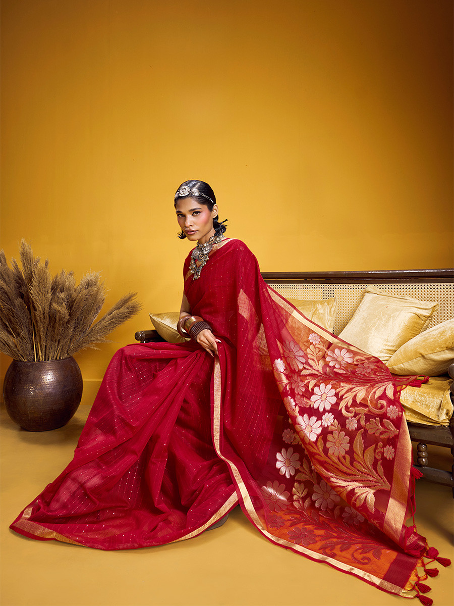 Red Munga Silk Printed Zari Festival Wedding Party Fancy Reception Heavy Border Saree