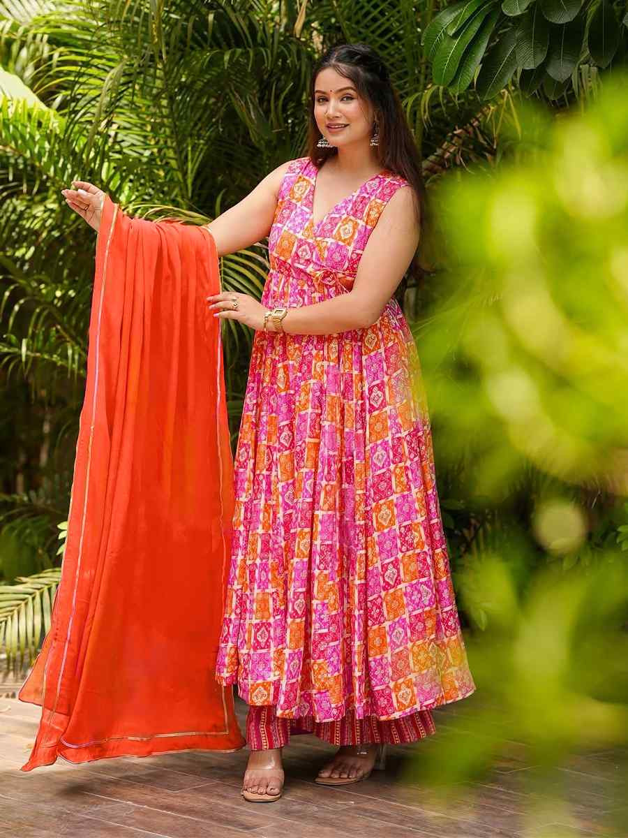 Red Muslin Cotton Printed Party Wedding Festival Casual Ready Anarkali Salwar Kameez