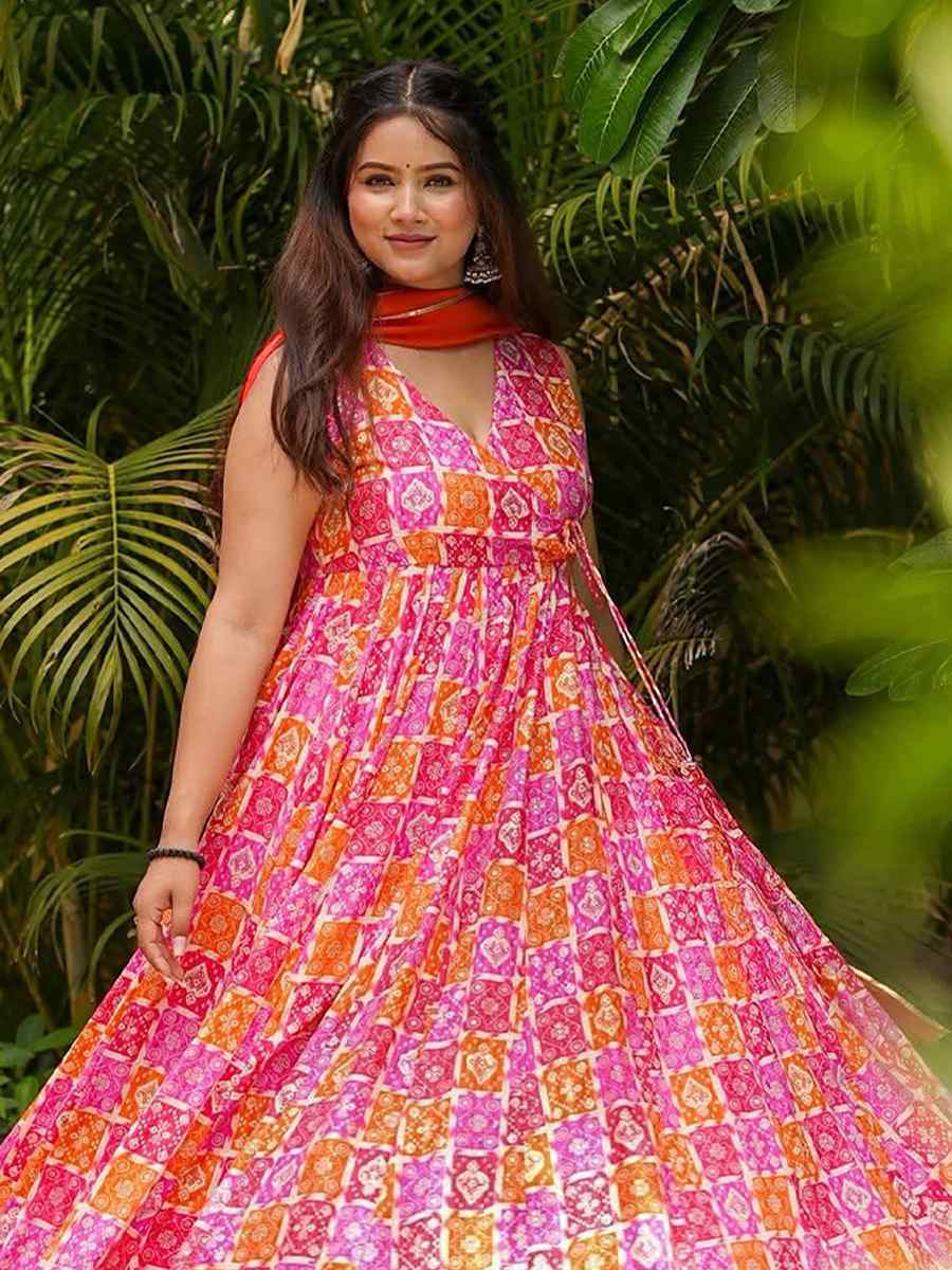 Red Muslin Cotton Printed Party Wedding Festival Casual Ready Anarkali Salwar Kameez