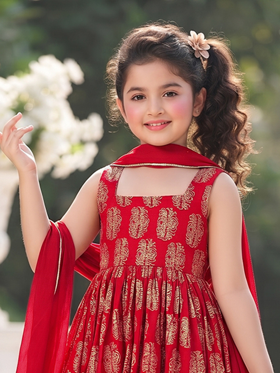 Red Muslin Printed Ethnic Casual Festival Party Wedding Gown